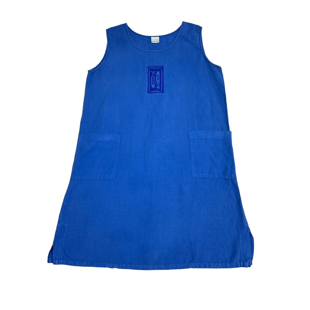Women's Sleeveless Blue Shift Dress Embroidered‎ Fish Midi Size Large
